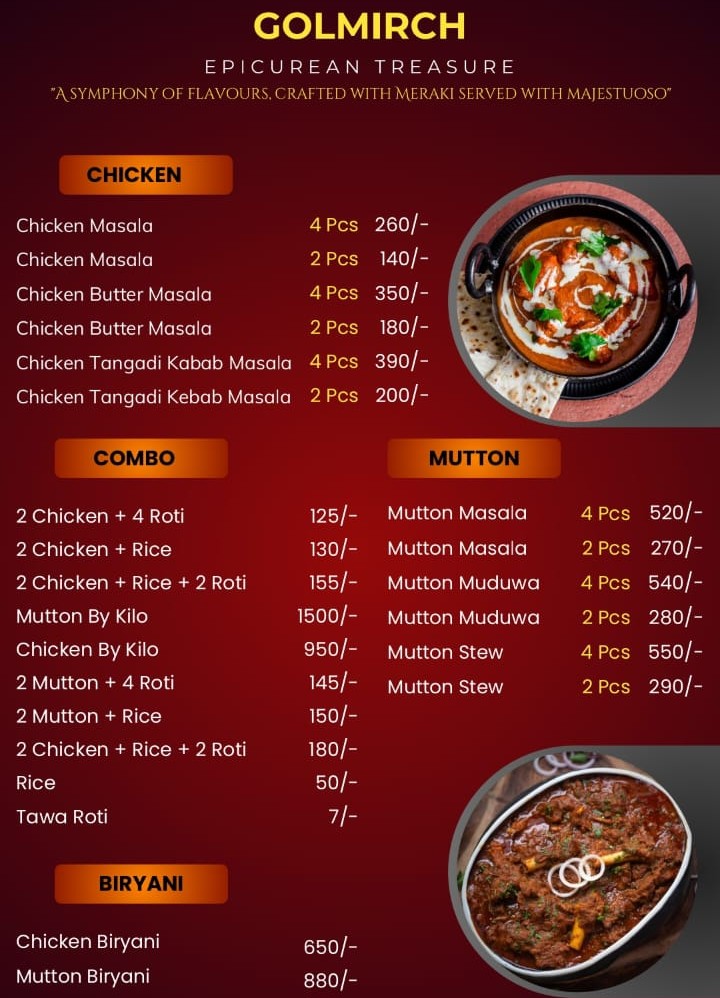 Golmirch Restaurant Menu